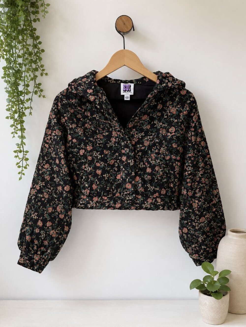 Anna Sui Floral Metallic Cropped Bomber Jacket Small Hooded Puff Sleeve Black